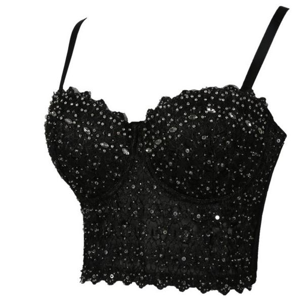 

women's lace rhinestone bustier crop camis clubwear mesh corset push up bra tanks detachable strap champagne black white xs-l