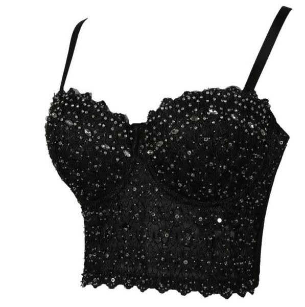 

women's lace rhinestone bustier crop camis clubwear mesh corset push up bra tanks detachable strap champagne black white xs-l