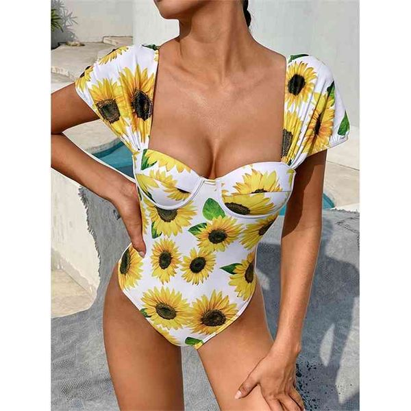 myteng floral print swimsuit women push up bathing suit high cut short sleeves swimwear underwired bodysuit monokini 210522, White;black