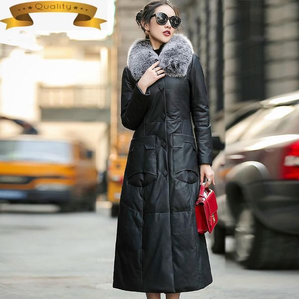 women's leather & faux real collar fur genuine jacket autumn winter coat women clothes sheepskin female long down xs11d11-11, Black
women's leather & faux real collar fur genuine jacket autumn winter coat women clothes sheepskin female long down xs11d11-11, Black