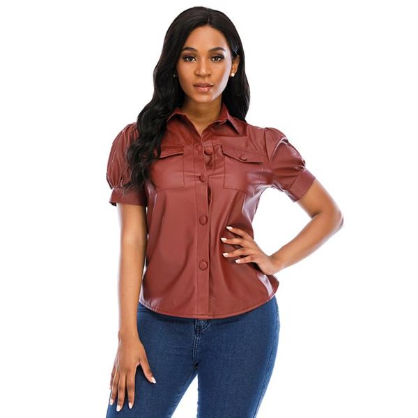 women's blouses & shirts short sleeve pu leather blouse summer women puff red-brown vintage shirt for womans button, White
women's blouses & shirts short sleeve pu leather blouse summer women puff red-brown vintage shirt for womans button, White