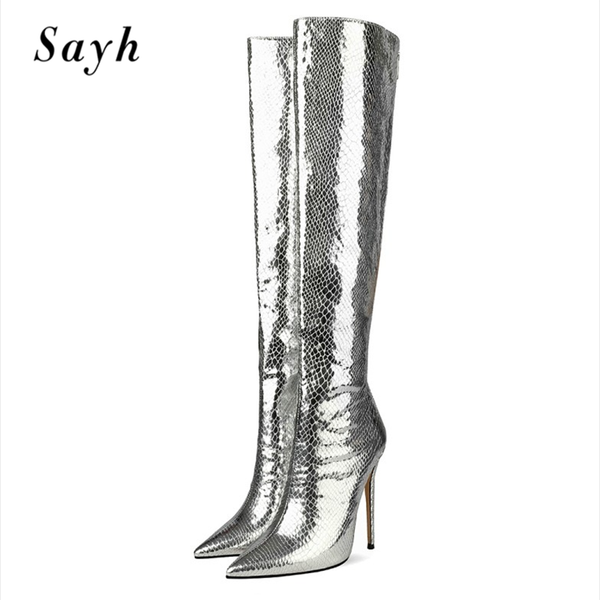 women knee high boots pointed toe thin heels silver sequins back zipper modern runway shoes, Black
women knee high boots pointed toe thin heels silver sequins back zipper modern runway shoes, Black