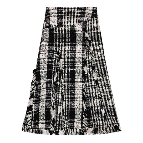 women black plaid tweed a-line tassel empire midi skirt vintage elegant s0293 210514
women black plaid tweed a-line tassel empire midi skirt vintage elegant s0293 210514