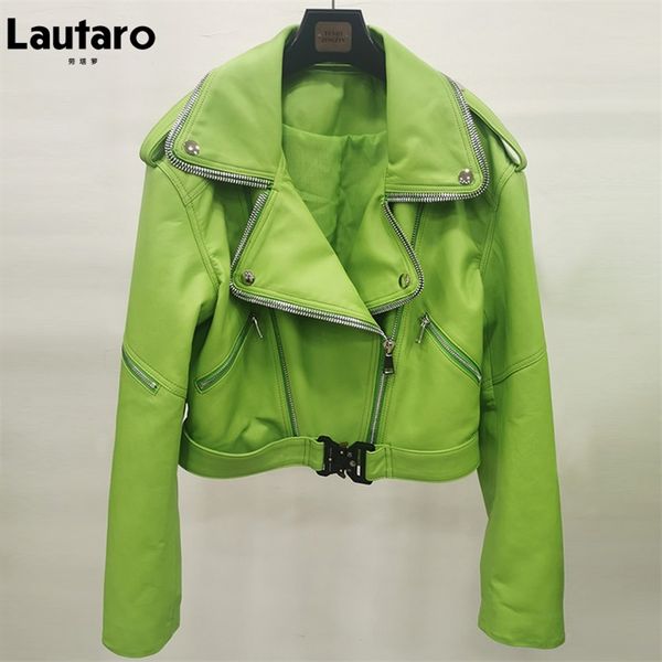lautaro autumn short green soft faux leather biker jacket women long sleeve zipper belt designer european and american fashion 210929, Black
lautaro autumn short green soft faux leather biker jacket women long sleeve zipper belt designer european and american fashion 210929, Black