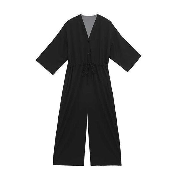 perhaps u women black v neck 3/4 sleeve sash full length solid jumpsuit casual j0023 210529, Black;white