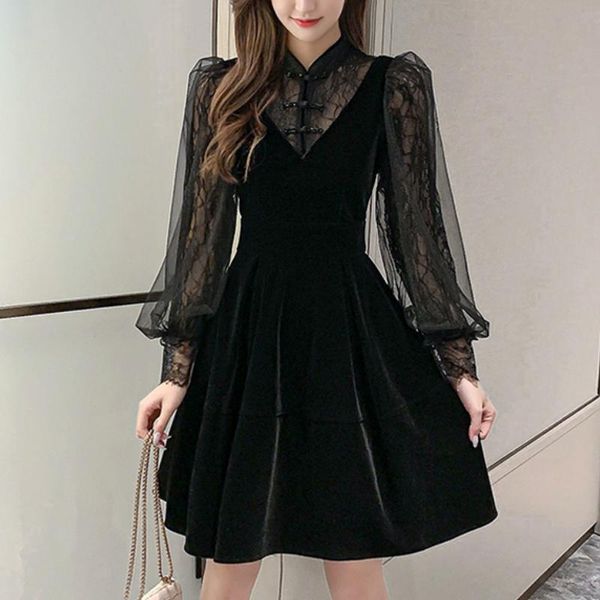 casual dresses autumn sweet vintage black pleuche dress perspective lace patchwork sleeved stand collar mini a-line velvet, Black;gray
casual dresses autumn sweet vintage black pleuche dress perspective lace patchwork sleeved stand collar mini a-line velvet, Black;gray