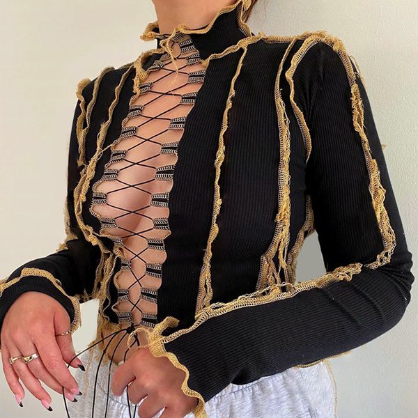 ribbed patchwork women tie front fashion lace up hollow out crop club autumn mock neck bodycon teesby air, Black;white
ribbed patchwork women tie front fashion lace up hollow out crop club autumn mock neck bodycon teesby air, Black;white