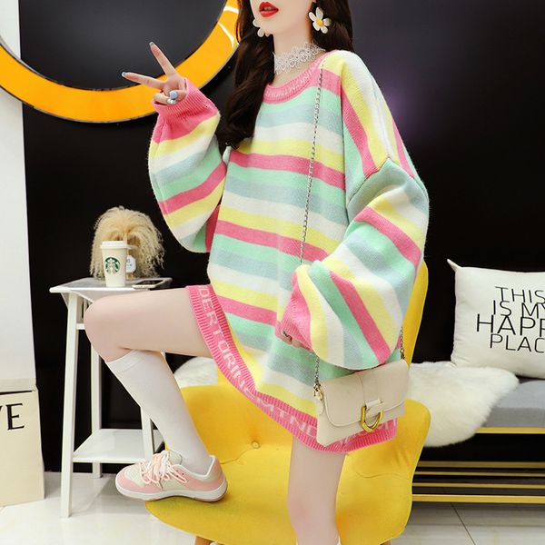 sweater knit meitong 2021 korean autumn and winter small fresh color striped women's loose lazy wind top, White;black
sweater knit meitong 2021 korean autumn and winter small fresh color striped women's loose lazy wind top, White;black
