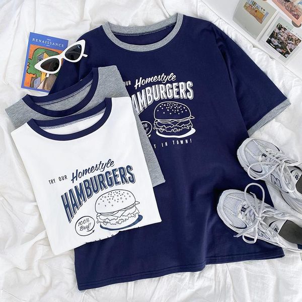 women's t-shirt retro hit color hamburger letter print summer round neck loose short-sleeved, White
women's t-shirt retro hit color hamburger letter print summer round neck loose short-sleeved, White