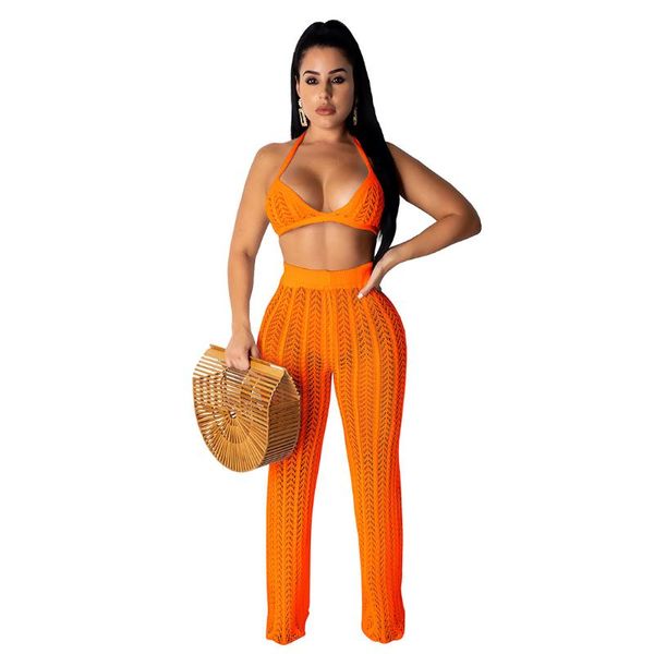 women's two piece pants women fashion knitted mesh hollow see through summer set lace up bra + long straight female clothing, White 
women's two piece pants women fashion knitted mesh hollow see through summer set lace up bra + long straight female clothing, White