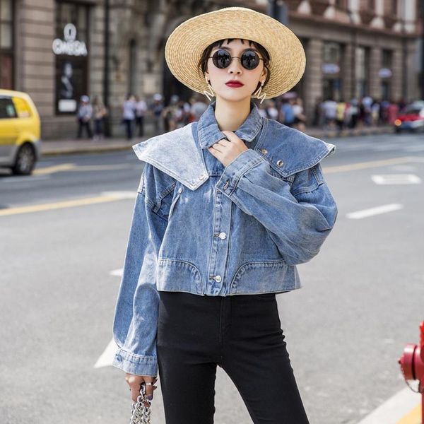 women's jackets short denim jacket women 2021 female spring autumn loose korean retro casual ins bat type lotus leaf collar, Black;brown
women's jackets short denim jacket women 2021 female spring autumn loose korean retro casual ins bat type lotus leaf collar, Black;brown