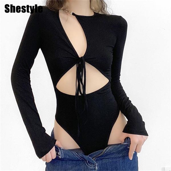 shestyle black bodysuits hollow out v neck bandage slim solid feature o neck spring long sleeve body clothingby air, Black;white 
shestyle black bodysuits hollow out v neck bandage slim solid feature o neck spring long sleeve body clothingby air, Black;white