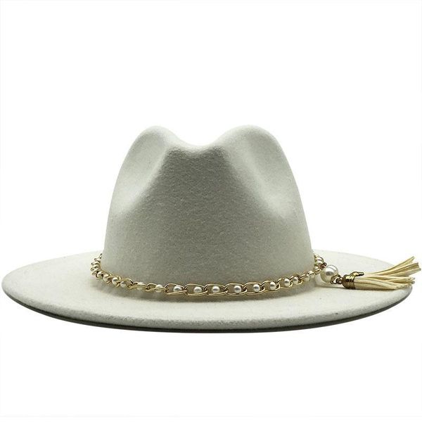 wide brim hats women's cap for men fedoras spring autumn fashion black pearl chain bowler hat felt jazz european american 2021 vintage, Blue;gray
wide brim hats women's cap for men fedoras spring autumn fashion black pearl chain bowler hat felt jazz european american 2021 vintage, Blue;gray