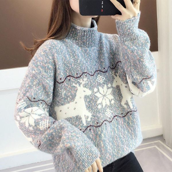 women's sweaters high collar christmas elk print knitted sweater women wear loose 2021 thickened bottomed autumn winter top, White;black
women's sweaters high collar christmas elk print knitted sweater women wear loose 2021 thickened bottomed autumn winter top, White;black