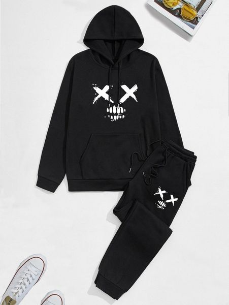 men monster print kangaroo pocket drawstring hoodie & sweatpants f6vl#, Gray