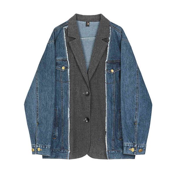 women denim jacket blue loose oversize blazer patchwork notch collar fashion runway c0350 210514, Black;brown
women denim jacket blue loose oversize blazer patchwork notch collar fashion runway c0350 210514, Black;brown