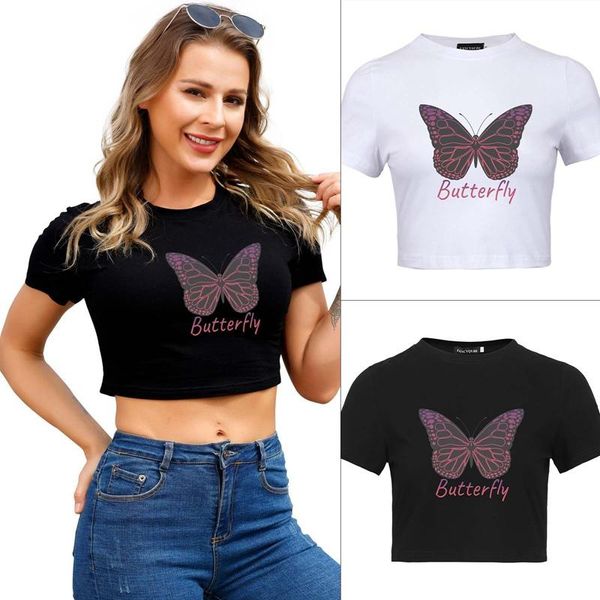 women's t-shirt summer for women embroidered butterfly short sleeve high waist exposed navel pure harajuku shirts, White
women's t-shirt summer for women embroidered butterfly short sleeve high waist exposed navel pure harajuku shirts, White