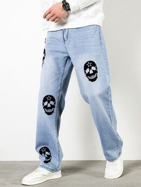 men star & skull print straight leg jeans 60tp#, Blue