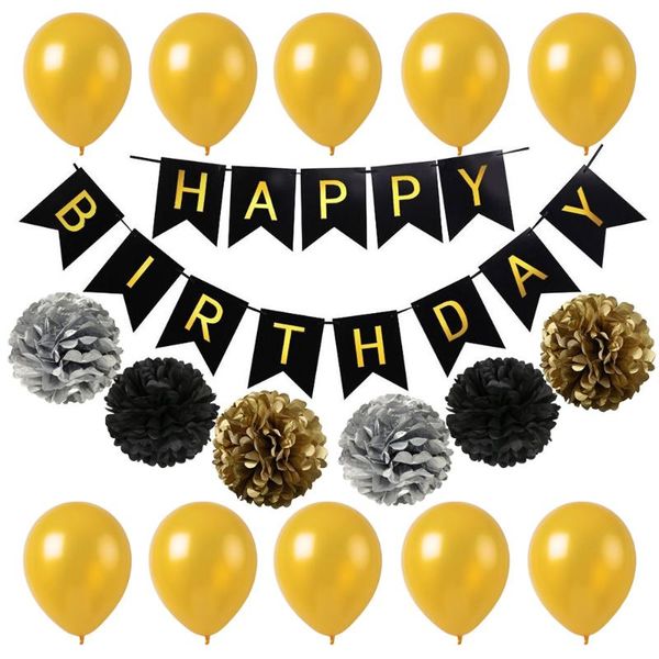black gold happy birthday latex balloons peper banner decorations with pom poms paper flower ball for party supplies decoration
black gold happy birthday latex balloons peper banner decorations with pom poms paper flower ball for party supplies decoration