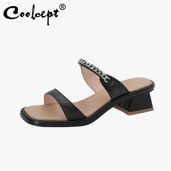 slippers coolcept size 33-43 genuine leather shoes thick high heels square toe metal chains summer slides ladies footwear, Black
slippers coolcept size 33-43 genuine leather shoes thick high heels square toe metal chains summer slides ladies footwear, Black