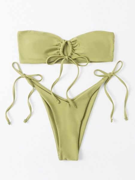 bandeau tie side bikini swimsuit c1zu#, White;black