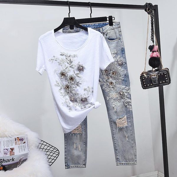 summer fashion beading embroidery t shirt holes pencil denim pants 2 piece set women loose cotton jeans suit 2pc female two dress, White
summer fashion beading embroidery t shirt holes pencil denim pants 2 piece set women loose cotton jeans suit 2pc female two dress, White