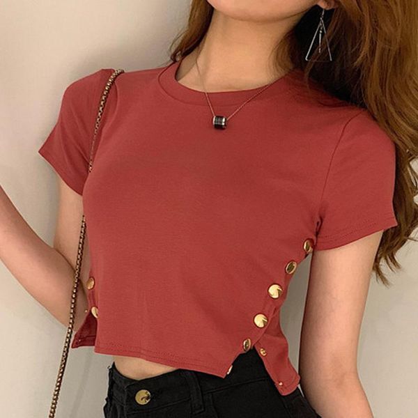 solid high waist round neck short sleeve t-shirt women button navel split fork fashion simple slim t-shirts women's, White
solid high waist round neck short sleeve t-shirt women button navel split fork fashion simple slim t-shirts women's, White