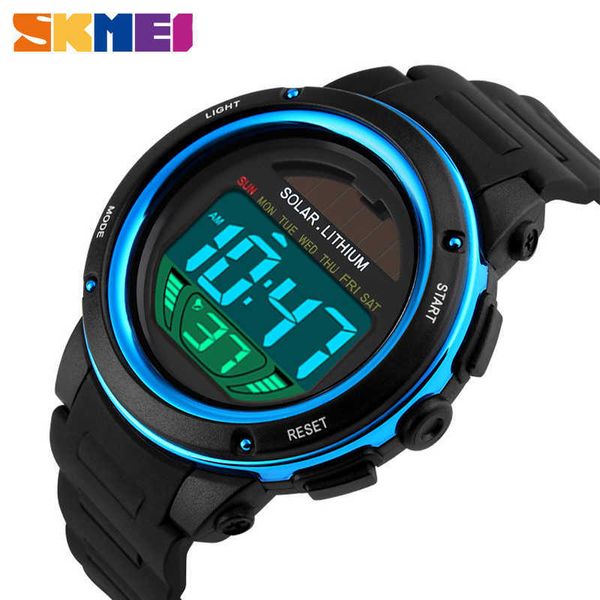 

skmei outdoor sport watch men solar pu strap wristwatches mens chronograph alarm 5bar waterproof digital reloj hombre 1096 210728, Slivery;brown