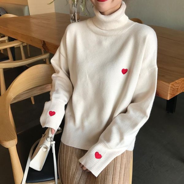women's sweaters simply chic causal pullover sweater turtleneck 2021 winter heart embroidery knit women loose pullovers knitwear, White;black
women's sweaters simply chic causal pullover sweater turtleneck 2021 winter heart embroidery knit women loose pullovers knitwear, White;black