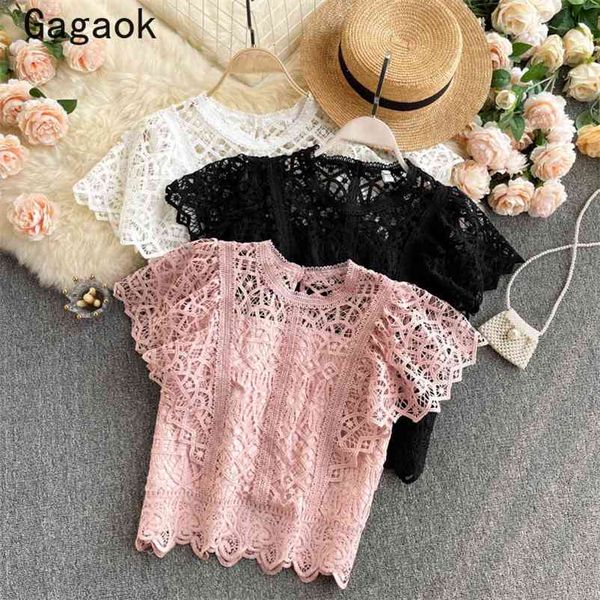 lace blouses women summer o-neck flying sleeve short solid sweet hollow out blusa mujer slim chic wild shirts 210531, White
lace blouses women summer o-neck flying sleeve short solid sweet hollow out blusa mujer slim chic wild shirts 210531, White
