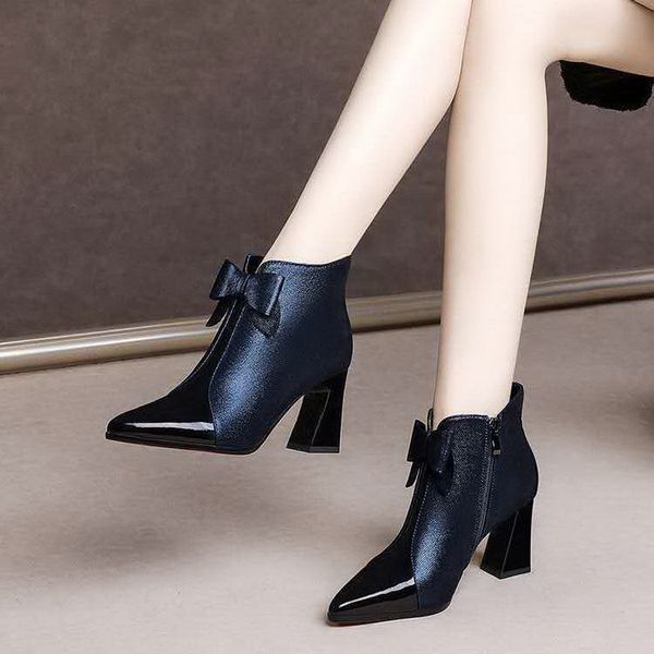 shoes women square heel short boots, winter shoes,pointed toe,butterfly-knot,fashion footware,black,blue,wine red,black e0ie