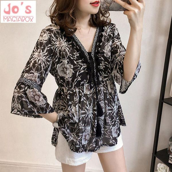 women's blouses & shirts summer women print chiffon v-neck ruffles korean sweet casual flare sleeve and mujer vintage, White
women's blouses & shirts summer women print chiffon v-neck ruffles korean sweet casual flare sleeve and mujer vintage, White
