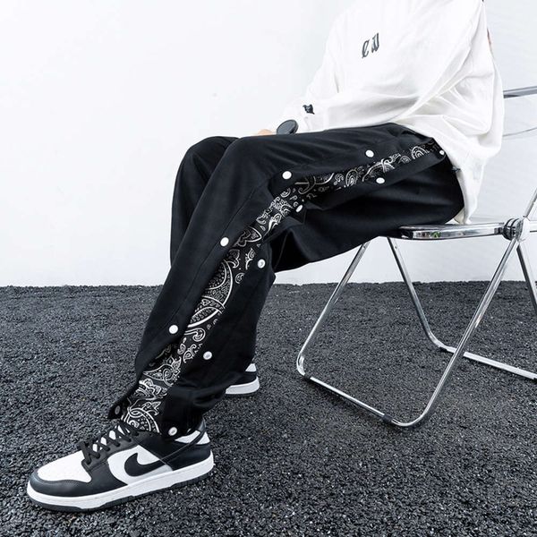 casual pants side double breasted fashion drawstring loose toe guard tide brand, Black