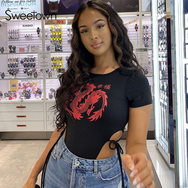 sweetown side lace up slim black bodysuit women street outfits dragon pattern short sleeve bodycon body mujer short rompers, Black;white
sweetown side lace up slim black bodysuit women street outfits dragon pattern short sleeve bodycon body mujer short rompers, Black;white