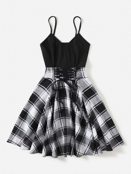 plus plaid print lace up front cami dress v8jg#, Black