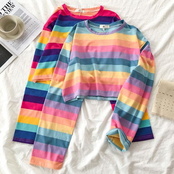 women's t-shirt t shirts women full sleeve rainbow striped casual crop autumn fashion korean tees ladies all match loose short tshirt, White
women's t-shirt t shirts women full sleeve rainbow striped casual crop autumn fashion korean tees ladies all match loose short tshirt, White