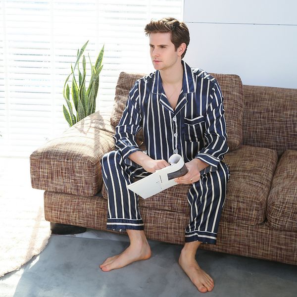 Sleepwear Fashion Pajamas Autumn Men's Silk Like Striped Long Sleeve Printed Thin Home Suit 89011, Blue stripes
Sleepwear Fashion Pajamas Autumn Men's Silk Like Striped Long Sleeve Printed Thin Home Suit 89011, Blue stripes