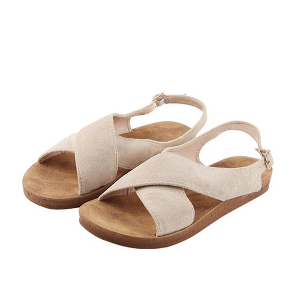 women's sandals back strap summer ladies flat shoes suede leather buckle comfortable casual female beach woman footwear, Black