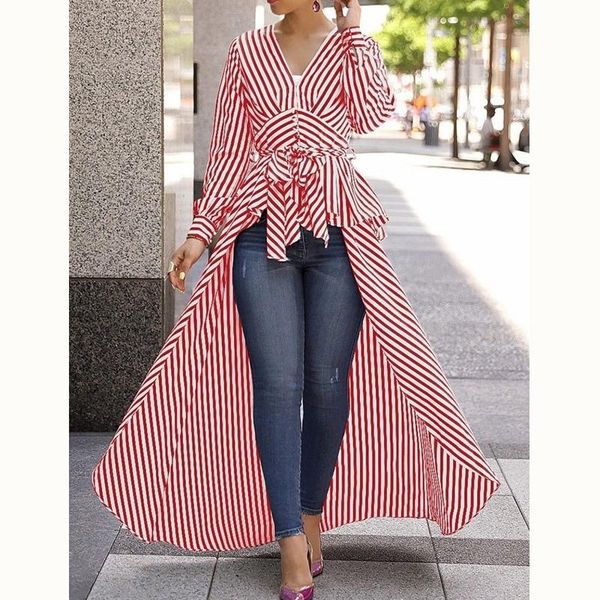 women's blouses & shirts women high street striped long blouse shirt female sleeve v neck lace up bandage fashion, White
women's blouses & shirts women high street striped long blouse shirt female sleeve v neck lace up bandage fashion, White