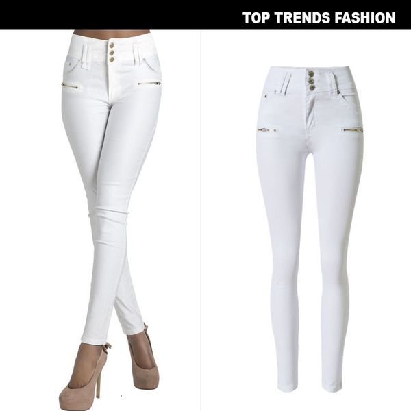 high waist slim fit elastic solid denim pants 3-button decorative zipper large, Blue
high waist slim fit elastic solid denim pants 3-button decorative zipper large, Blue