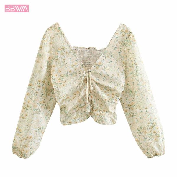 women v-neck long-sleeved fresh floral t-shirt vintage short slim draped chic women's, White
women v-neck long-sleeved fresh floral t-shirt vintage short slim draped chic women's, White