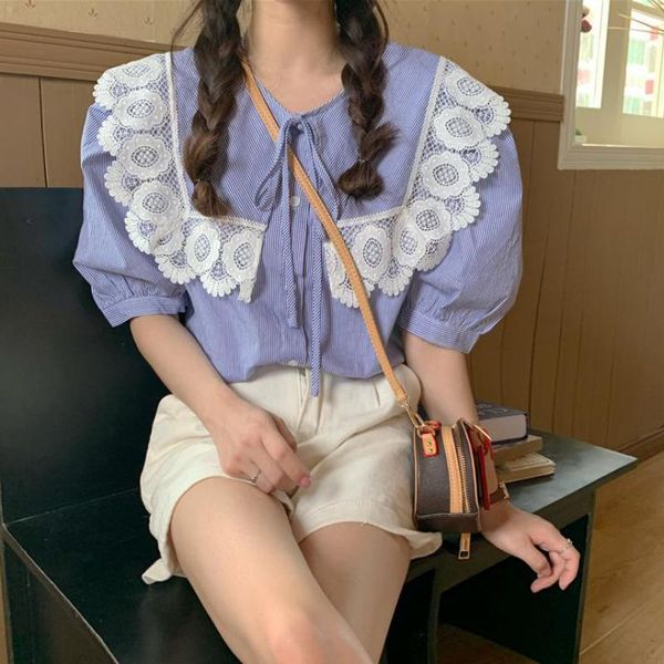 women's blouses & shirts women stripe shirt short sleeve lace stitched bow tie neck summer korean chic blouse, White
women's blouses & shirts women stripe shirt short sleeve lace stitched bow tie neck summer korean chic blouse, White