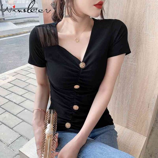 women's t-shirt summer korean style cotton fashion v-neck button irregularity drape patchwork lace women slim tees t1390, White
women's t-shirt summer korean style cotton fashion v-neck button irregularity drape patchwork lace women slim tees t1390, White