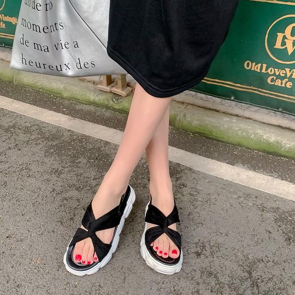 open-toed women sport sandals hollow out thick bottom fashion outdoor cool platform shoes beach summer 2021, Black