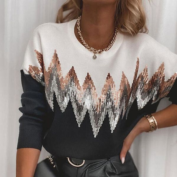women's sweaters women sequin patchwork knit sweater o-neck long sleeve pullover casual streetwear fashion 2021 autumn female knitwear, White;black
women's sweaters women sequin patchwork knit sweater o-neck long sleeve pullover casual streetwear fashion 2021 autumn female knitwear, White;black