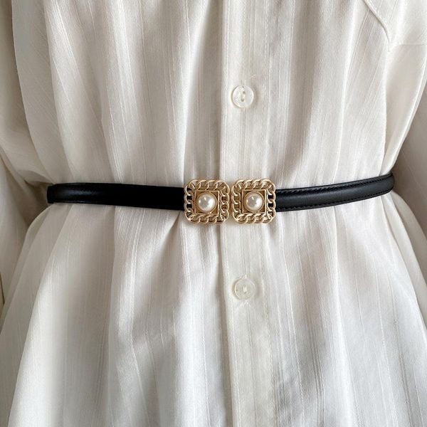 belts leather thin belt for women designer pearl buckle waist strap female dress jeans decoration waistband, Black;brown 
belts leather thin belt for women designer pearl buckle waist strap female dress jeans decoration waistband, Black;brown