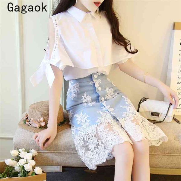 women sweet two piece set summer turn-down collar flare sleeve hollow out bow shirt + lace bodycon wild skirt 210531, White
women sweet two piece set summer turn-down collar flare sleeve hollow out bow shirt + lace bodycon wild skirt 210531, White