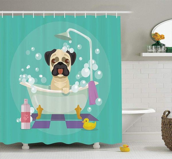 pug dog in bathtub grooming doggy puppy shower curtain salon service shampoo rubber duck pets cartoon image shower