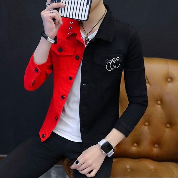 men's jackets spring autumn personality mixed colors male denim fashion long sleeve punk style night show wear slim casual mens coats, Black;brown
men's jackets spring autumn personality mixed colors male denim fashion long sleeve punk style night show wear slim casual mens coats, Black;brown