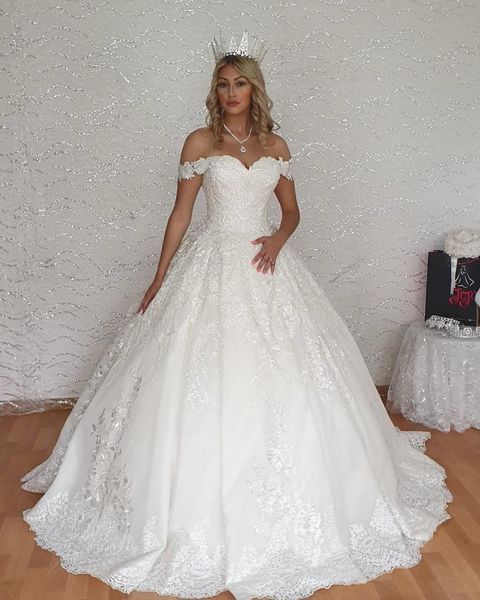off the shoulder lace ball gown wedding dresses with appliques sweep train plus size arabic bridal gowns vestido de noiva, White
off the shoulder lace ball gown wedding dresses with appliques sweep train plus size arabic bridal gowns vestido de noiva, White